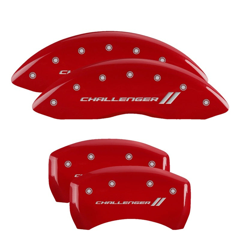 Load image into Gallery viewer, MGP 4 Caliper Covers Engraved Front &amp; Rear With stripes/Challenger Red finish silver ch
