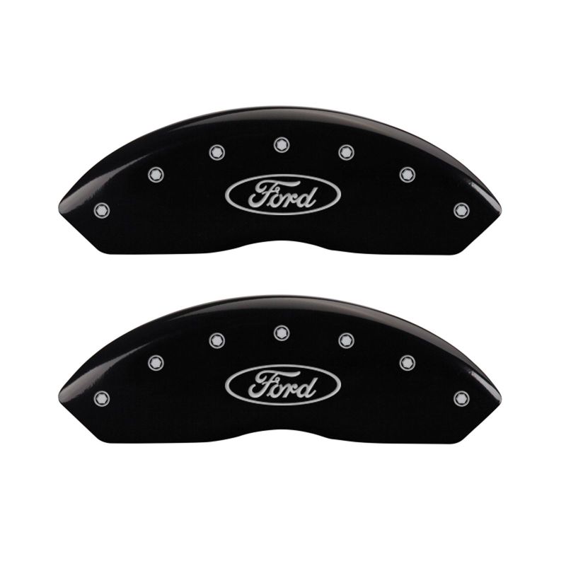 Load image into Gallery viewer, MGP 4 Caliper Covers Engraved Front &amp; Rear Oval logo/Ford Black finish silver ch
