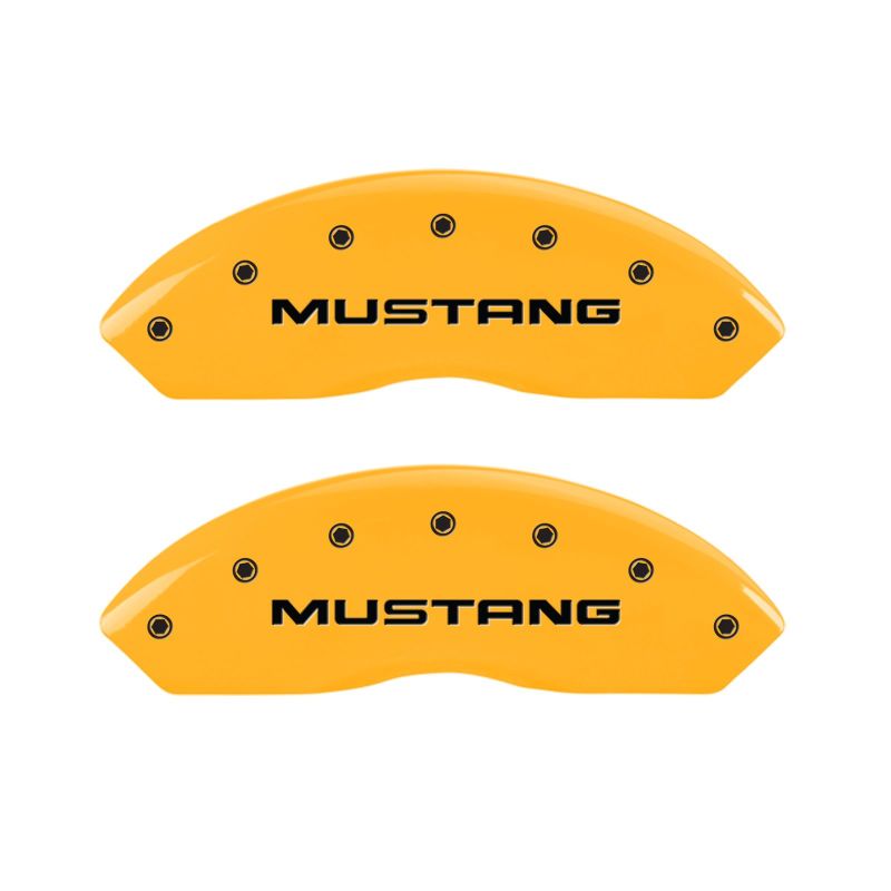 Load image into Gallery viewer, MGP 4 Caliper Covers Engraved Front Mustang Rear Sn95/Gt Yellow Finish Black Char 2001 Ford Mustang
