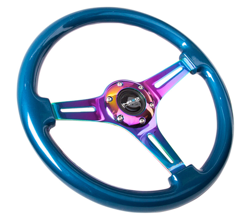Load image into Gallery viewer, NRG Classic Wood Grain Steering Wheel (350mm) Blue Pearl/Flake Paint w/Neochrome 3-Spoke Center
