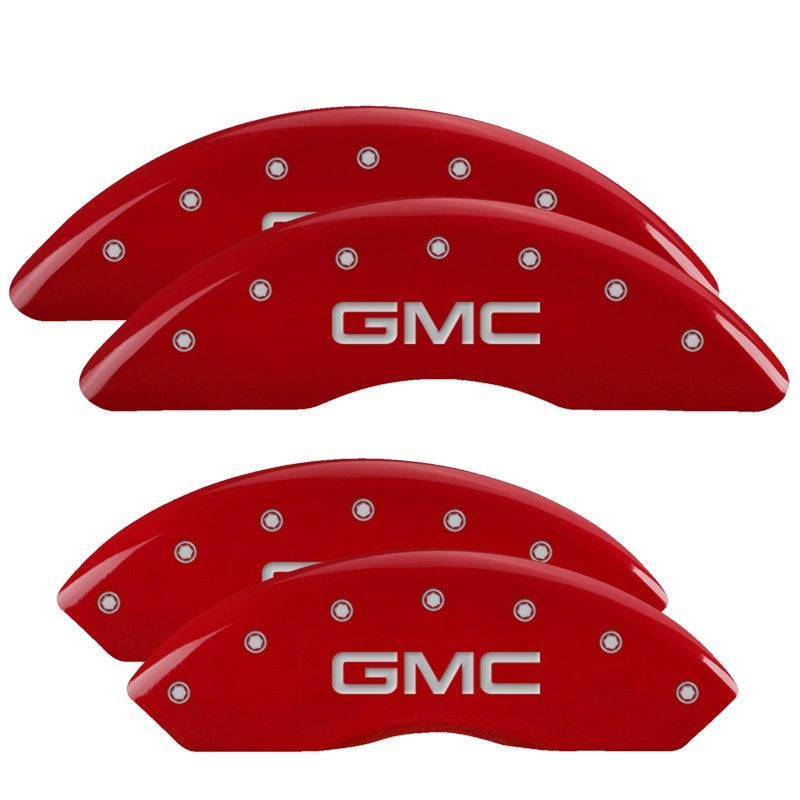 Load image into Gallery viewer, MGP 4 Caliper Covers Engraved Front &amp; Rear Denali Red finish silver ch
