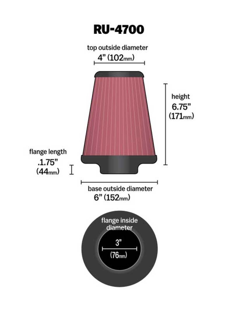 Load image into Gallery viewer, K&amp;N Universal Tapered Filter 3in Flange ID x 6in Base OD x 4in Top OD x 6.75in Height
