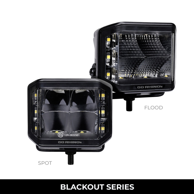 Load image into Gallery viewer, Go Rhino Xplor Blackout Series Cube LED Sideline Spot Light Kit (Surface Mount) 4x3 - Blk (Pair)
