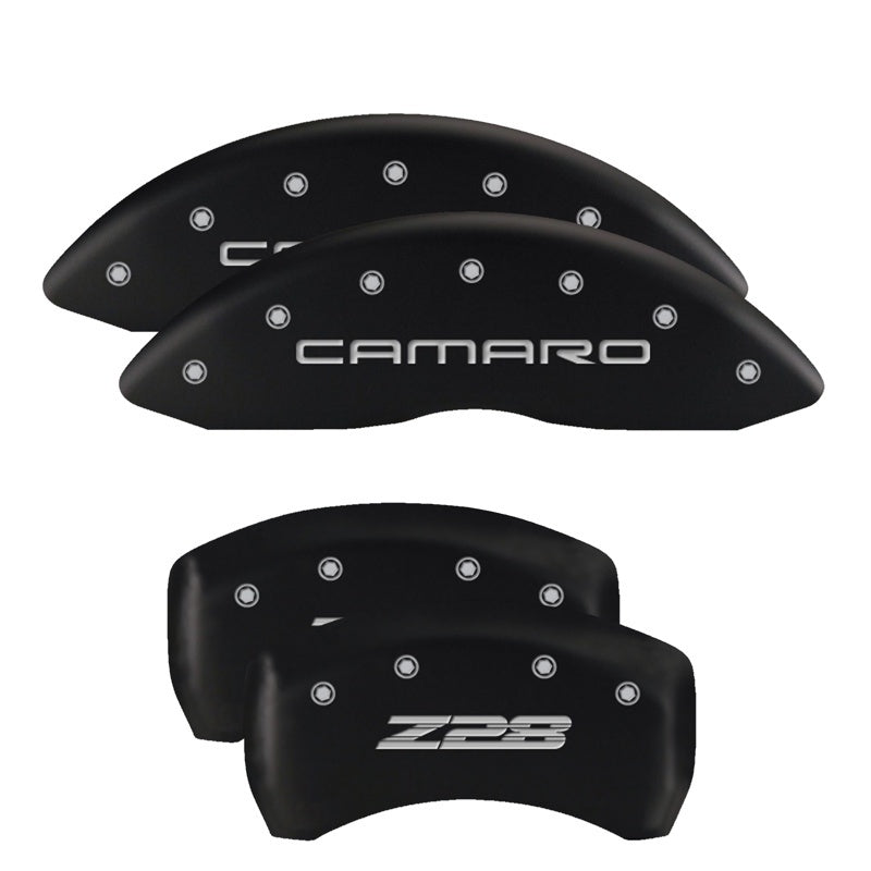 Load image into Gallery viewer, MGP 4 Caliper Covers Engraved Front &amp; Rear MOPAR Black finish silver ch
