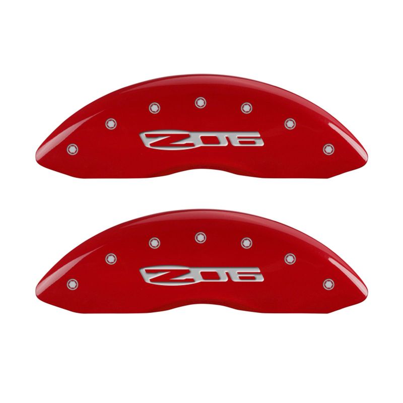 Load image into Gallery viewer, MGP 4 Caliper Covers Engraved Front C6/Corvette Engraved Rear C6/Z06 Red finish silver ch
