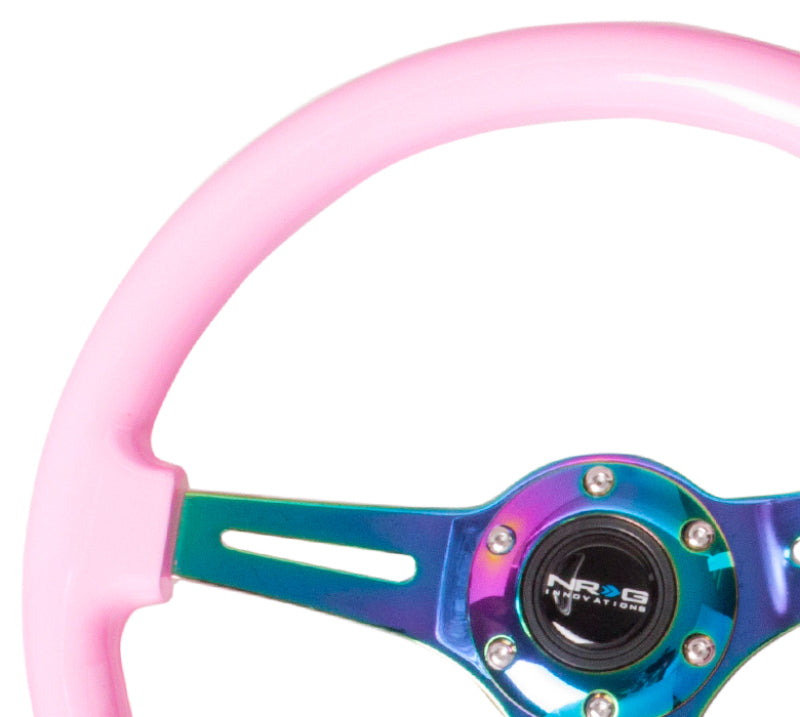 Load image into Gallery viewer, NRG Classic Wood Grain Steering Wheel (350mm) Solid Pink Painted Grip w/Neochrome 3-Spoke Center
