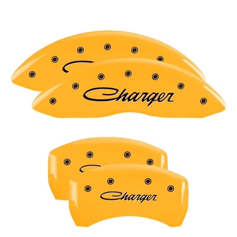 Load image into Gallery viewer, MGP 4 Caliper Covers Engraved Front &amp; Rear 05-10 Dodge Charger R/T Yellow Finish Black Cursive Logo
