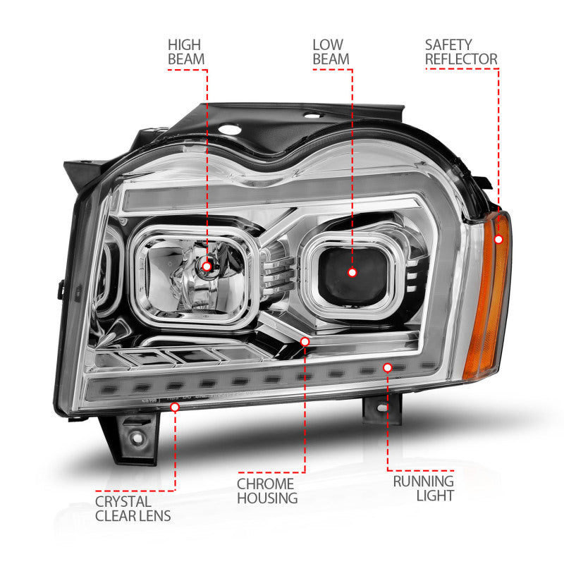 Load image into Gallery viewer, ANZO 05-07 Jeep Grand Cherokee Projector Headlights - w/ Light Bar Switchback Chrome Housing
