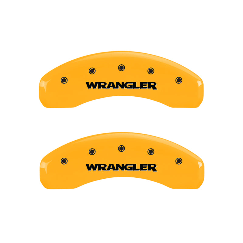 Load image into Gallery viewer, MGP 4 Caliper Covers Engraved Front &amp; Rear Wrangler Yellow Finish Black Char 2003 Jeep Wrangler
