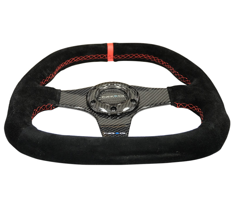 Load image into Gallery viewer, NRG Carbon Fiber Steering Wheel (320mm) Flat Btm. Blk Suede/Red Stitch w/CF Spokes &amp; Red Center Mark
