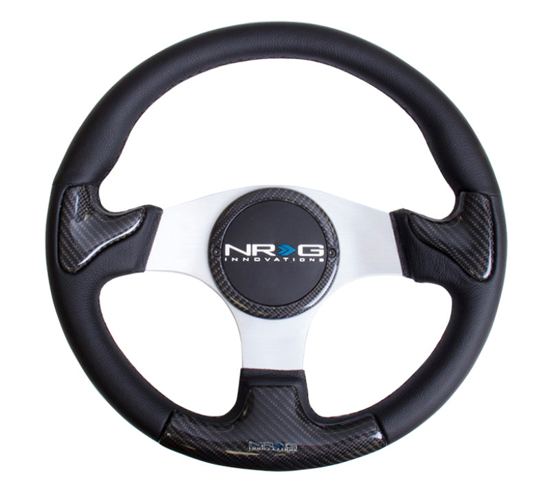 Load image into Gallery viewer, NRG Carbon Fiber Steering Wheel (350mm) Silver Frame Blk Stitching w/Rubber Cover Horn Button
