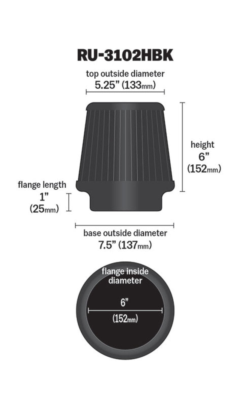 Load image into Gallery viewer, K&amp;N Universal Rubber Filter Round Tapered 6in Flange ID x 7.5in Base OD x 5.25in Top OD x 6in Height
