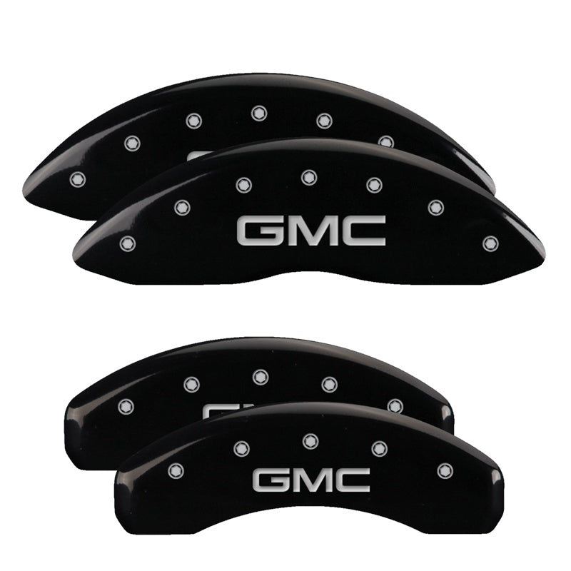 Load image into Gallery viewer, MGP 4 Caliper Covers Engraved Front &amp; Rear GMC Black finish silver ch
