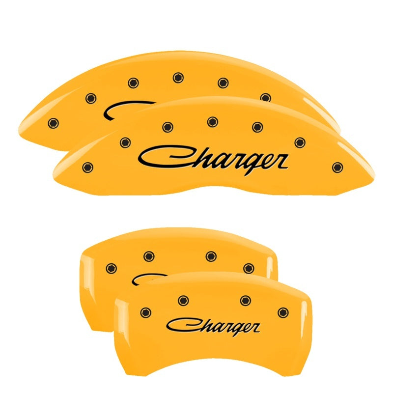 Load image into Gallery viewer, MGP 4 Caliper Covers Engraved Front &amp; Rear Cursive/Charger Yellow finish black ch
