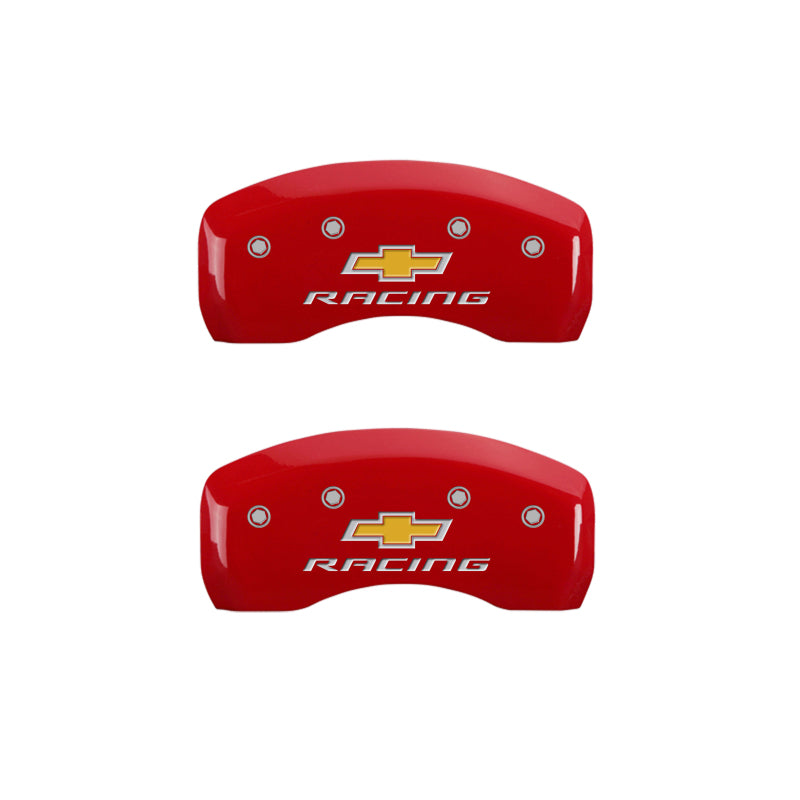 Load image into Gallery viewer, MGP 4 Caliper Covers Engraved Front &amp; Rear Chevy racing Red finish silver ch
