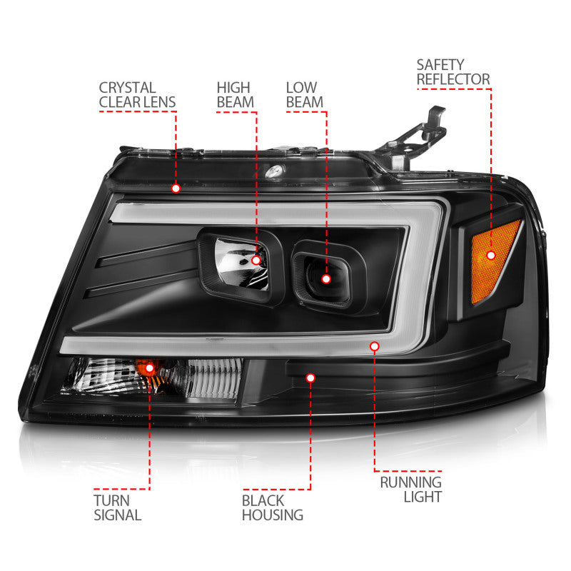 Load image into Gallery viewer, ANZO 2004-2008 Ford  F-150 Projector Headlights w/ Light Bar Black Housing
