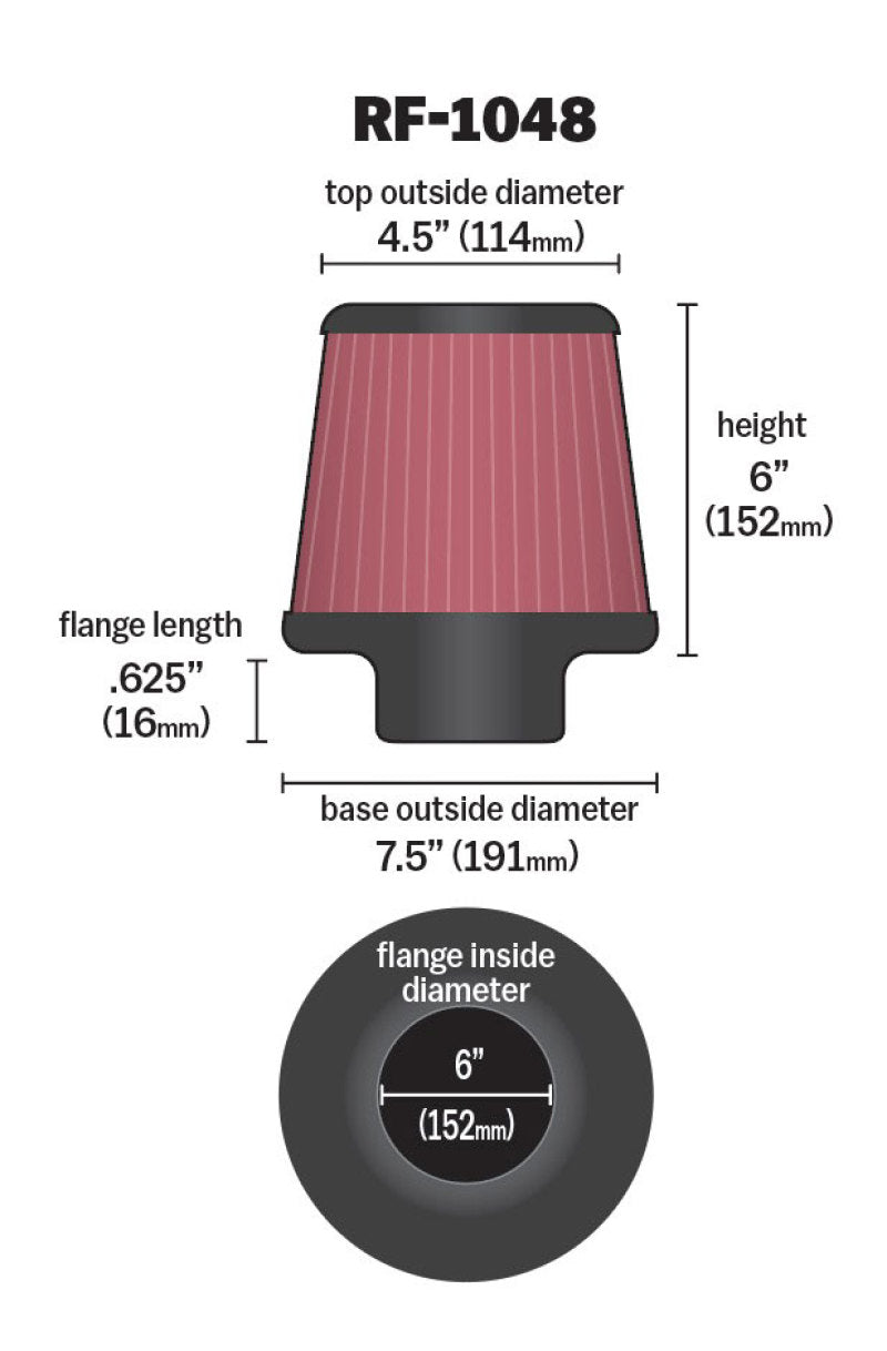 Load image into Gallery viewer, K&amp;N Round Tapered Universal Air Filter 6in Flange ID x 7.5in Base OD x 4.5in Top OD x 6in H
