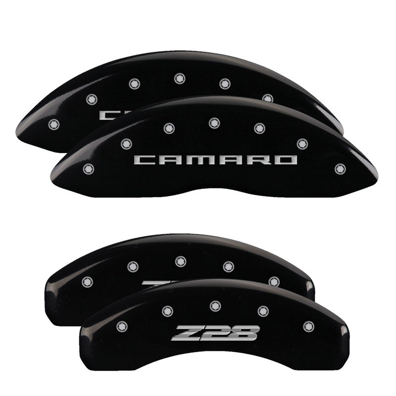Load image into Gallery viewer, MGP Front set 2 Caliper Covers Engraved Front Bowtie Yellow finish black ch
