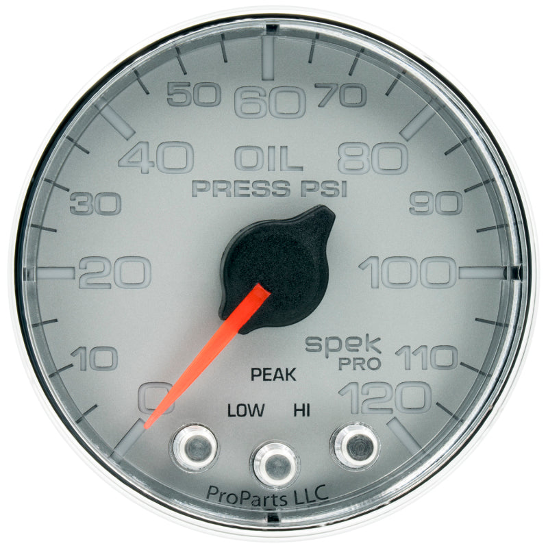 Load image into Gallery viewer, Autometer Spek-Pro Gauge Oil Press 2 1/16in 120psi Stepper Motor W/Peak &amp; Warn Slvr/Chrm
