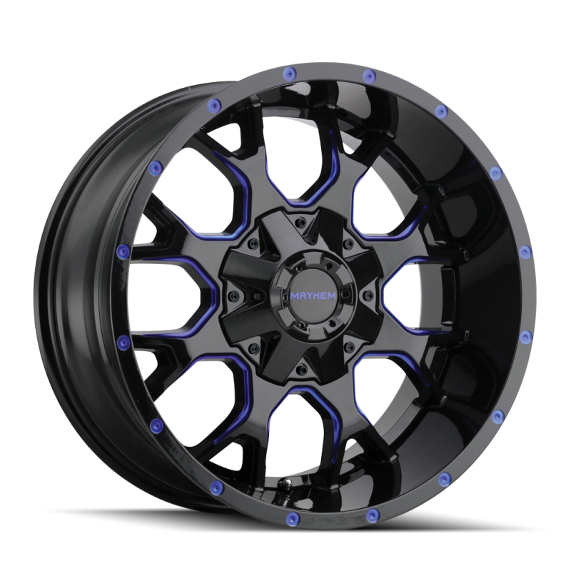 Load image into Gallery viewer, Mayhem 8015 Warrior 18x9 / 6x135 BP / 18mm Offset / 106mm Hub Black w/ Prism Blue Wheel
