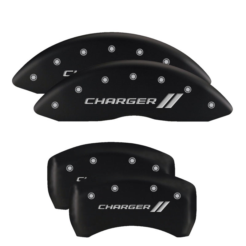 Load image into Gallery viewer, MGP 4 Caliper Covers Engraved Front &amp; Rear Cursive/Challenger Black finish silver ch
