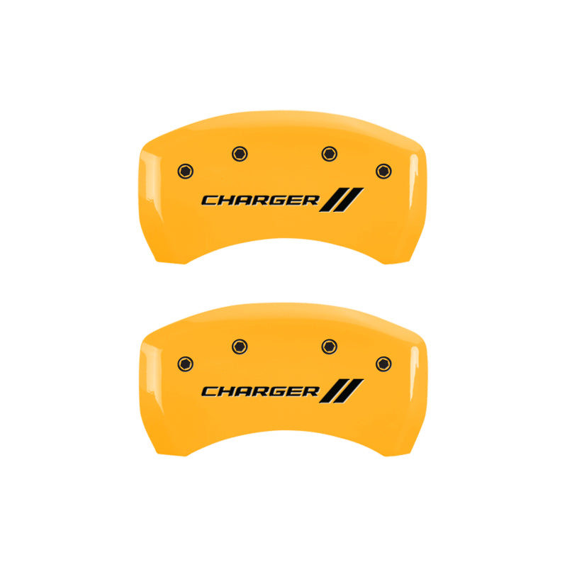 Load image into Gallery viewer, MGP 4 Caliper Covers Engraved Front &amp; Rear With stripes/Charger Yellow finish black ch
