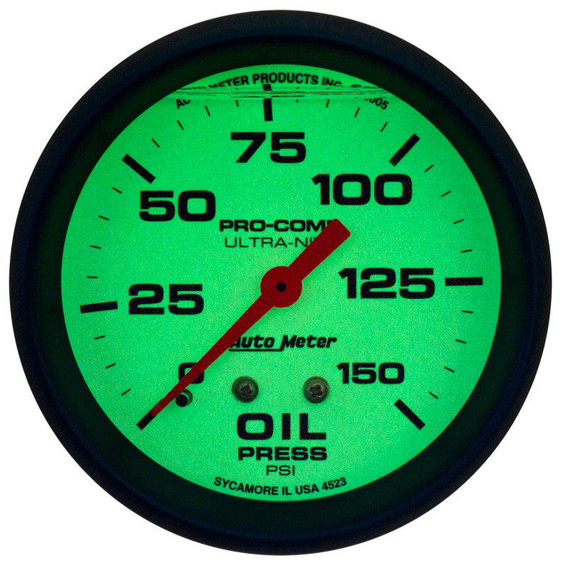 Load image into Gallery viewer, Autometer Ultra-Nite 2-5/8in 0-150 PSI Liquid Filled Mechanical Glow In Dark Oil Pressure Gauge
