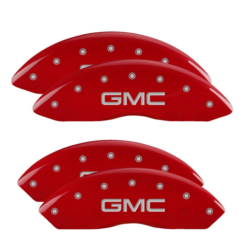 Load image into Gallery viewer, MGP 4 Caliper Covers Engraved Front &amp; Rear GM Style/Hybrid Red finish silver ch
