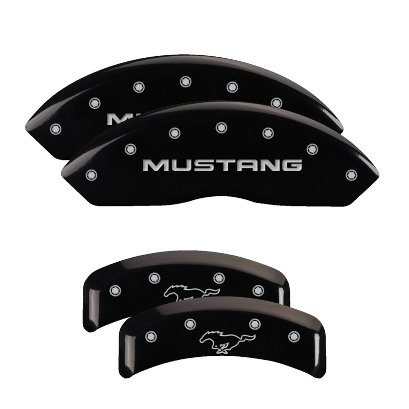 Load image into Gallery viewer, MGP 4 Caliper Covers Engraved Front Mustang Engraved Rear Pony Black finish silver ch
