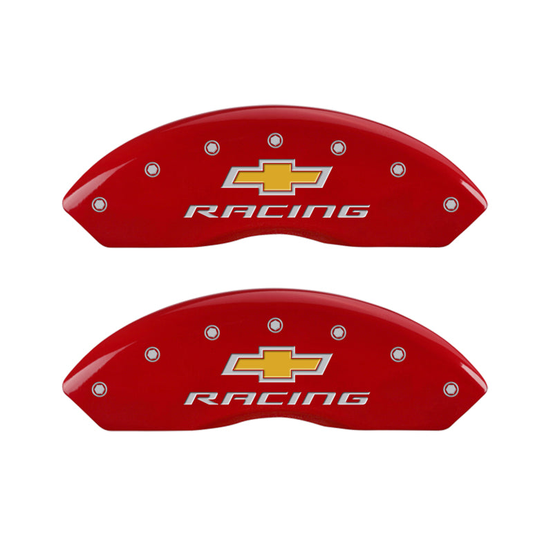 Load image into Gallery viewer, MGP 4 Caliper Covers Engraved Front &amp; Rear Chevy racing Red finish silver ch
