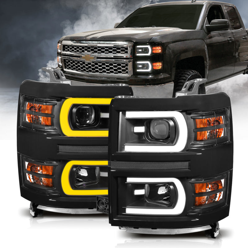 Load image into Gallery viewer, ANZO 14-15 Chevrolet Silverado 1500 Projector Headlights w/ Plank Style Switchback Black w/ Amber
