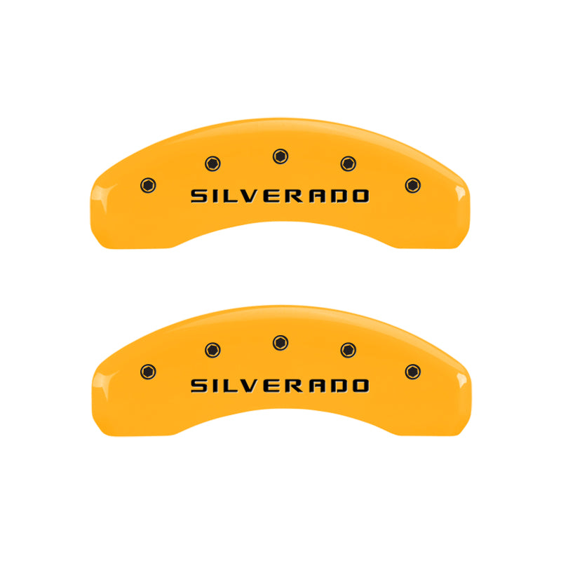 Load image into Gallery viewer, MGP 4 Caliper Covers Engraved Front &amp; Rear Silverado Yellow Finish Blk Char 02 Chevy Avalanche 2500
