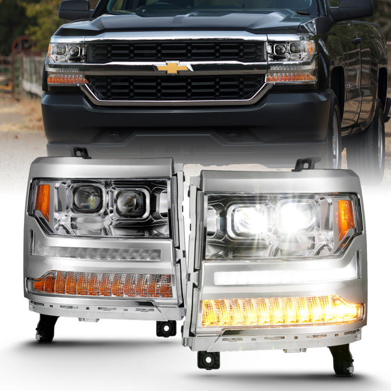 Load image into Gallery viewer, ANZO 16-18 Chevrolet Silverado 1500 LED Projector Headlights w/Plank Style Switchback Chrome w/Amber
