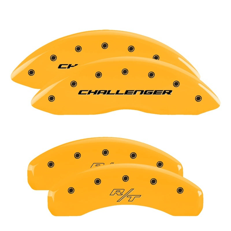 Load image into Gallery viewer, MGP 4 Caliper Covers Engraved Front Charger Engraved Rear RT Yellow finish black ch
