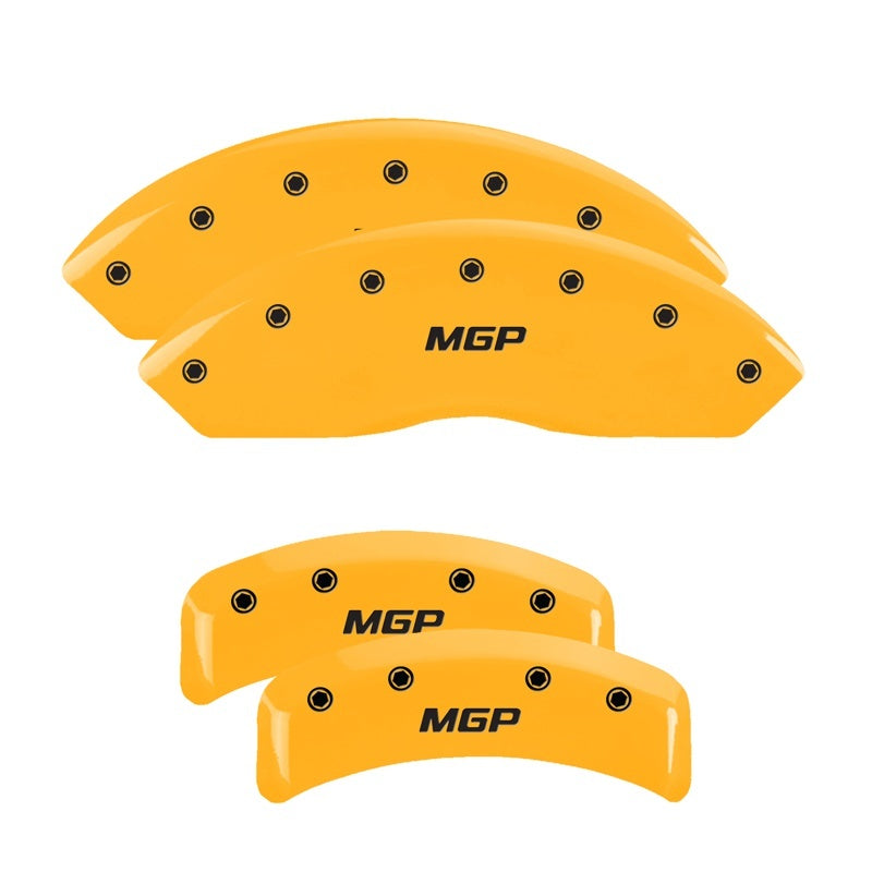 Load image into Gallery viewer, MGP 4 Caliper Covers Engraved Front &amp; Rear MGP Yellow Finish Black Char 2001 Ford Mustang
