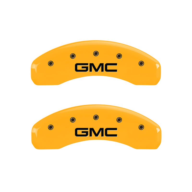 Load image into Gallery viewer, MGP 4 Caliper Covers Engraved Front &amp; Rear GMC Yellow finish black ch
