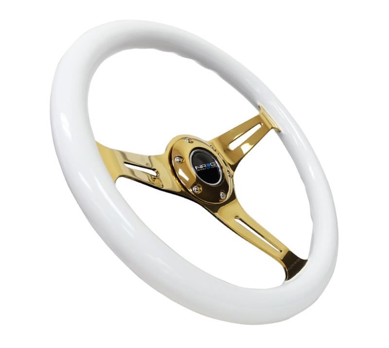 Load image into Gallery viewer, NRG Classic Wood Grain Steering Wheel (350mm) White Grip w/Chrome Gold 3-Spoke Center
