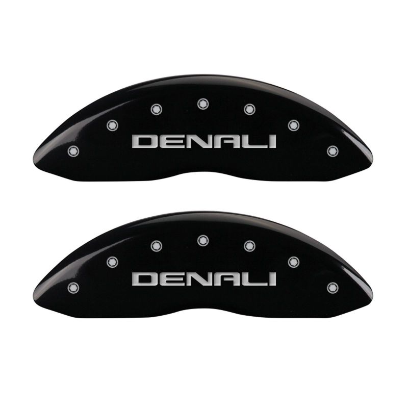 Load image into Gallery viewer, MGP 4 Caliper Covers Engraved Front &amp; Rear Denali Black finish silver ch
