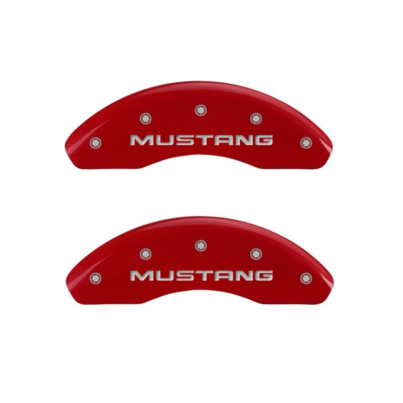 Load image into Gallery viewer, MGP 4 Caliper Covers Engraved Front Mustang Engraved Rear Pony Red finish silver ch
