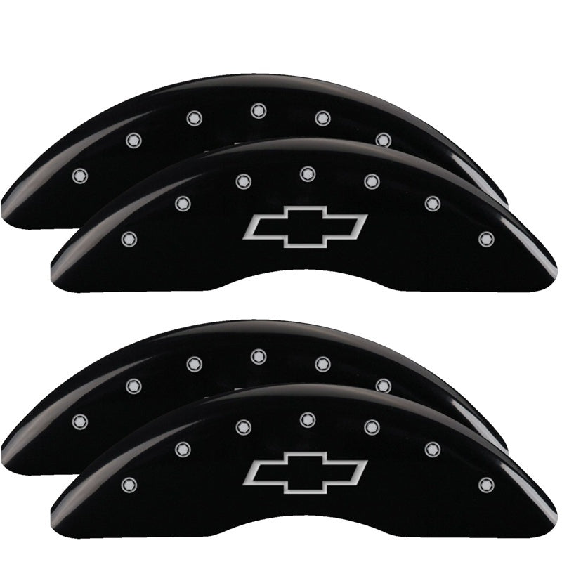 Load image into Gallery viewer, MGP 4 Caliper Covers Engraved Front &amp; Rear Bowtie Black finish silver ch 20+ Silverado 2500 HD
