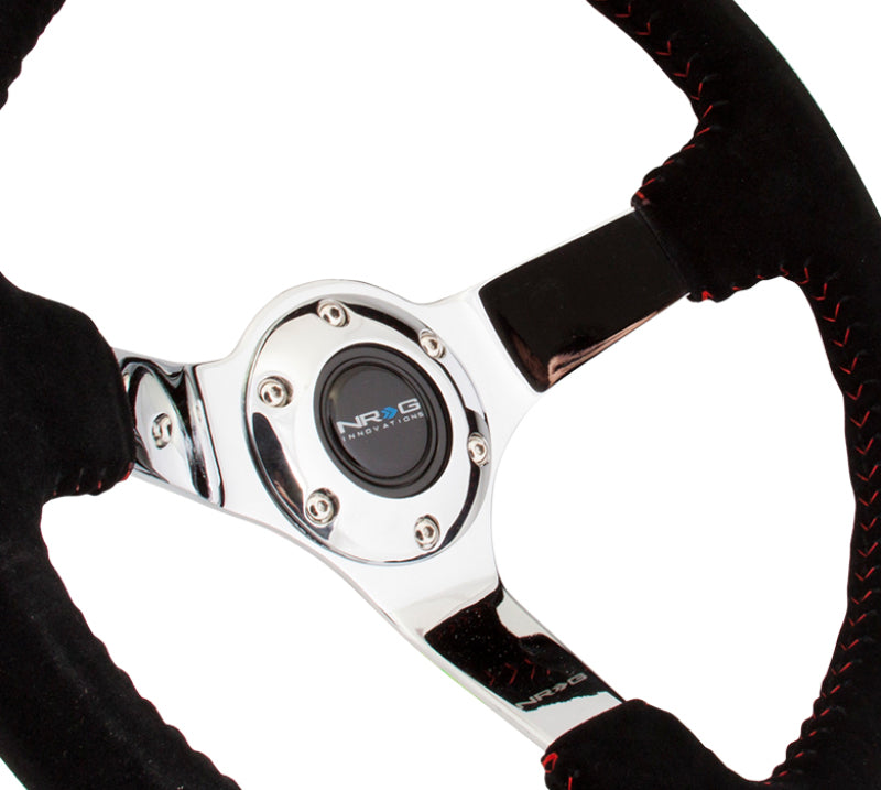 Load image into Gallery viewer, NRG Reinforced Steering Wheel (350mm / 3in. Deep) Blk Suede w/Red BBall Stitch &amp; Chrome 3-Spoke
