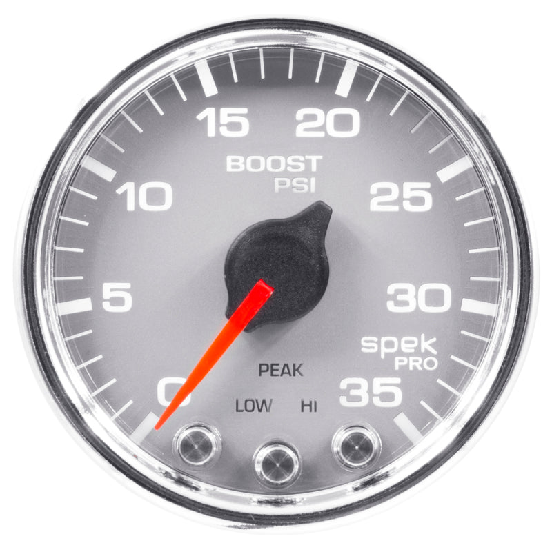 Load image into Gallery viewer, Autometer Spek-Pro Gauge Boost 2 1/16in 35psi Stepper Motor W/Peak &amp; Warn Silver/Chrome
