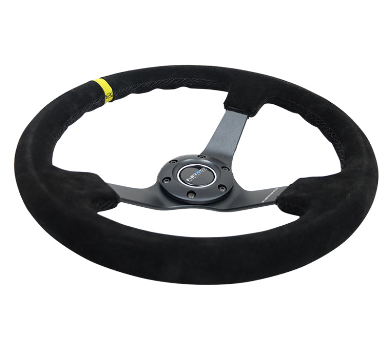 Load image into Gallery viewer, NRG Reinforced Steering Wheel (350mm / 3in. Deep) Blk Suede/X-Stitch w/5mm Blk Spoke &amp; Yellow CM
