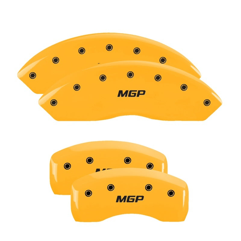 Load image into Gallery viewer, MGP 4 Caliper Covers Engraved Front Mustang Rear Bar &amp; Pony Yellow Finish Blk Char 2004 Ford Mustang
