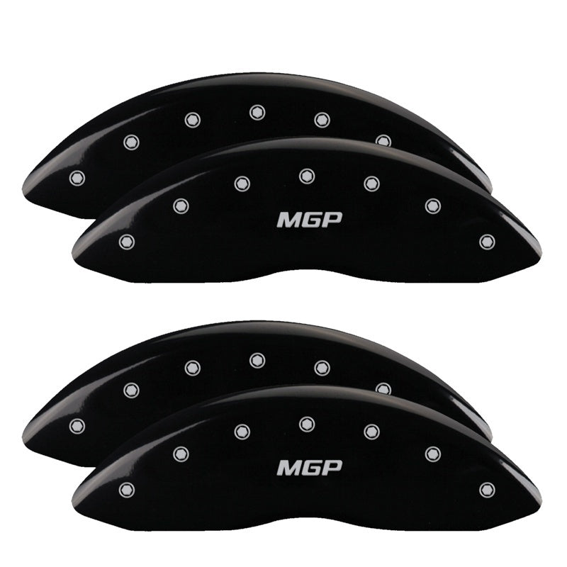 Load image into Gallery viewer, MGP 4 Caliper Covers Engraved Front &amp; Rear Silverado style/SS Black finish silver ch
