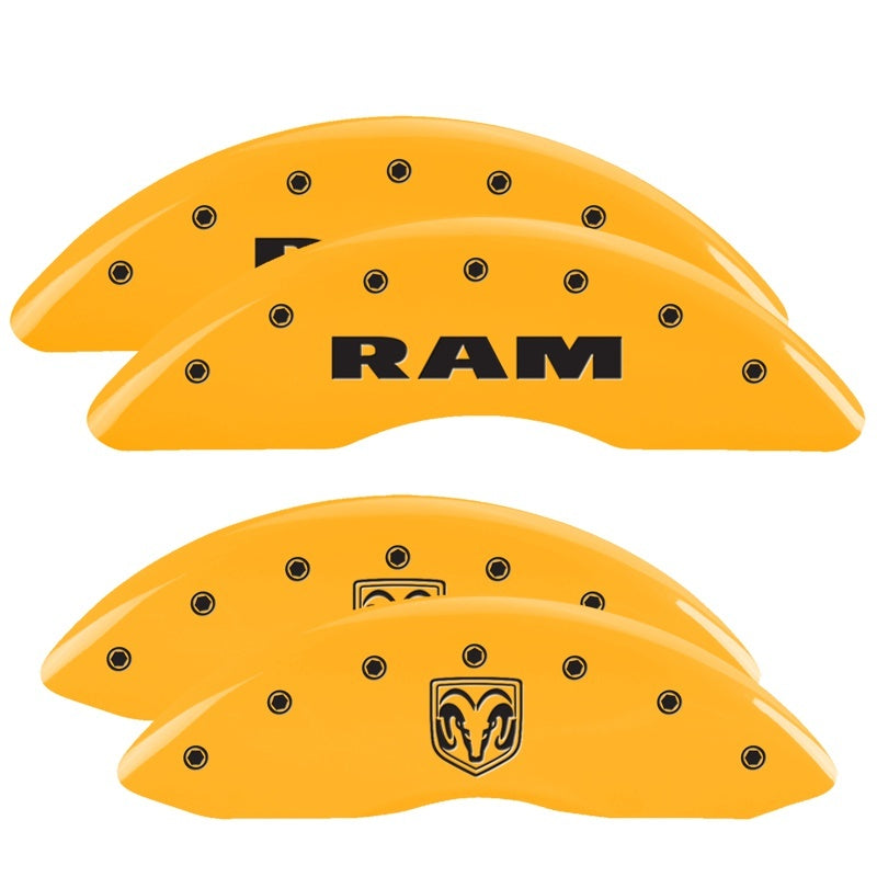 Load image into Gallery viewer, MGP 4 Caliper Covers Engraved Front RAM Engraved Rear RAMHEAD Yellow finish black ch
