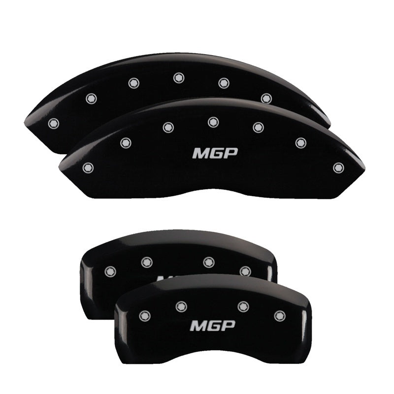 Load image into Gallery viewer, MGP 4 Caliper Covers Engraved Front &amp; Rear Denali Black finish silver ch
