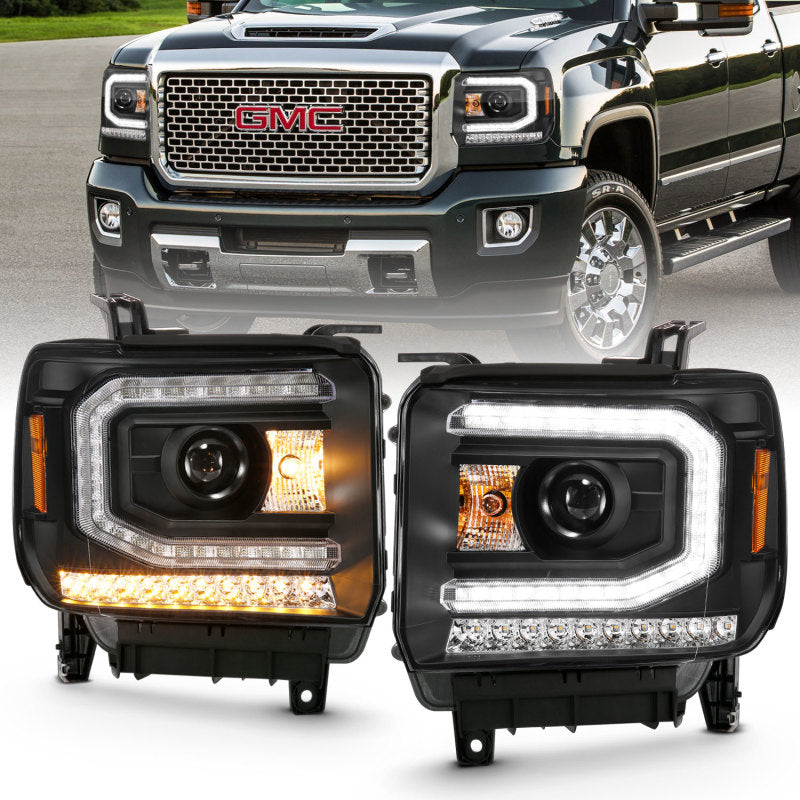 Load image into Gallery viewer, ANZO 2016-2019 GMC Sierra 1500 Projector Headlight Plank Style Black w/ Sequential Amber Signal
