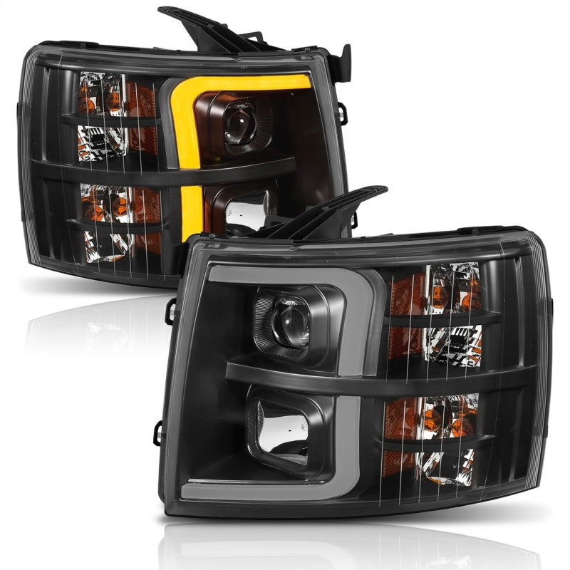 Load image into Gallery viewer, ANZO 07-13 Chevrolet Silverado 1500 Plank Style Projector Headlights Black w/ Amber
