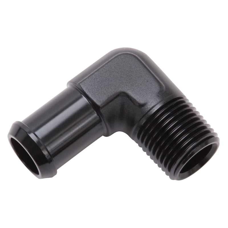 Load image into Gallery viewer, Edelbrock Hose End 90-Deg 1/2In NPT to 1/2In Barb Black Anodize
